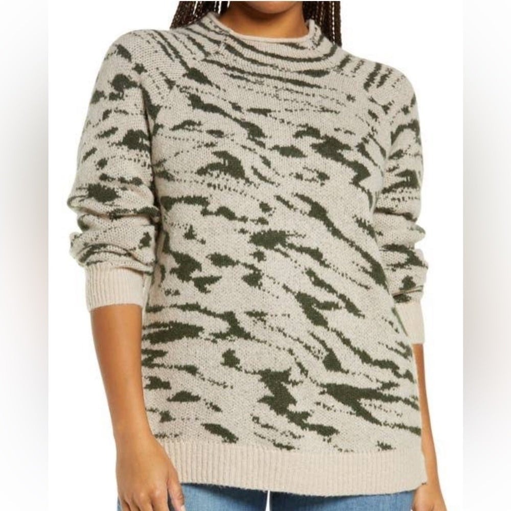 Madewell Tiger Animal Print Alpaca Blend Mock Neck Sweater Cream Green Small